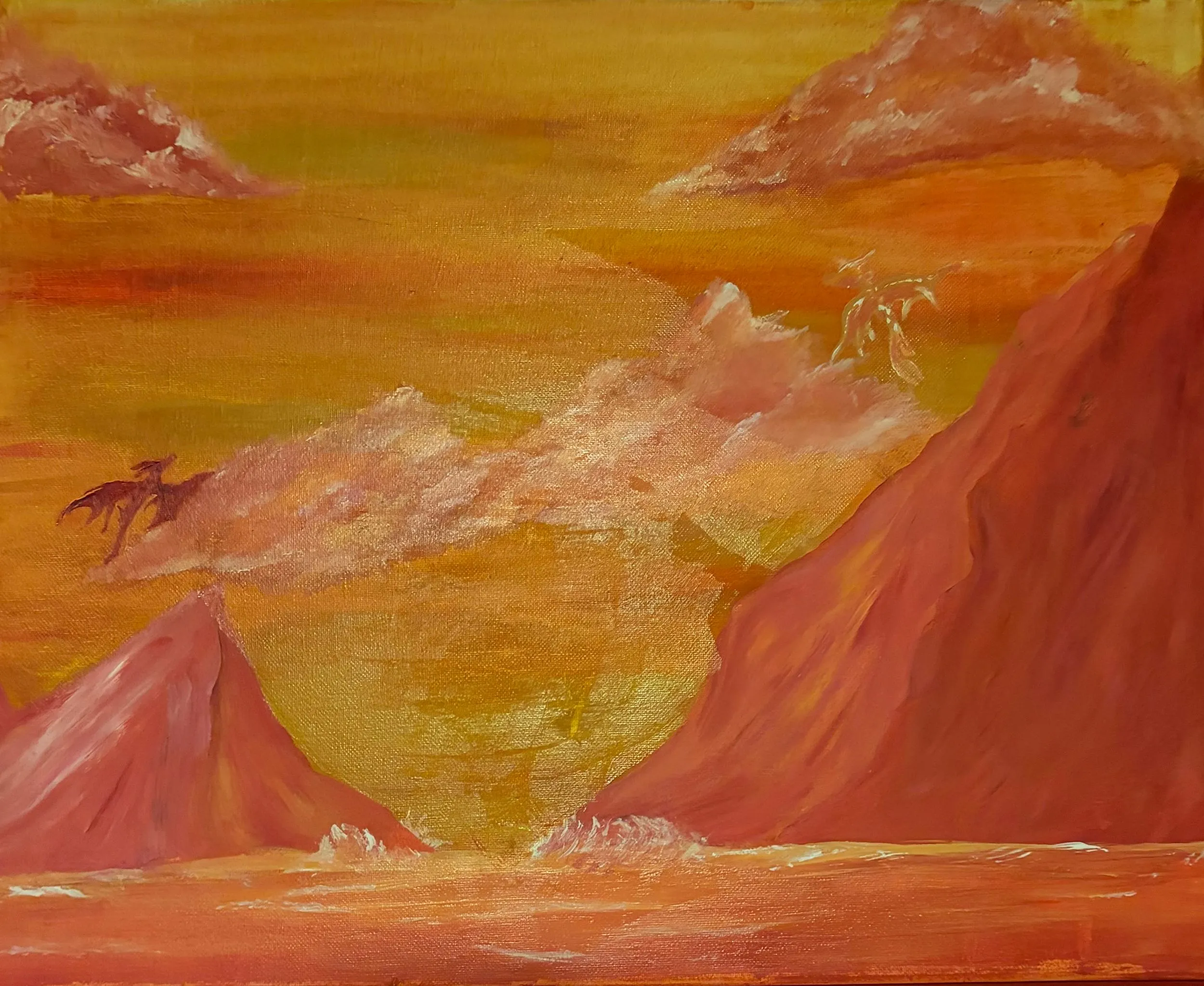 Painting in golds and oranges of dragons gliding past rose-colored peaks as the sun sinks into the sea.