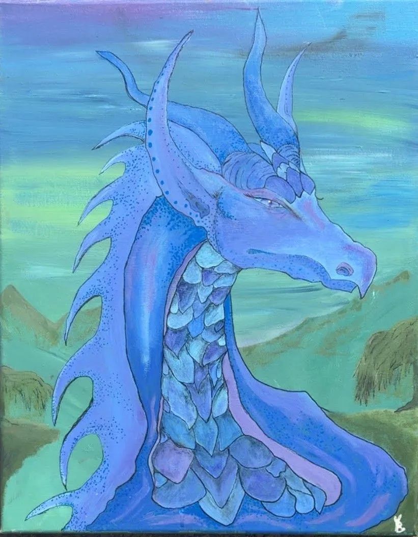 Painting of a blue and violet dragon with layered scales, set against green hills beneath an aurora-streaked sky.