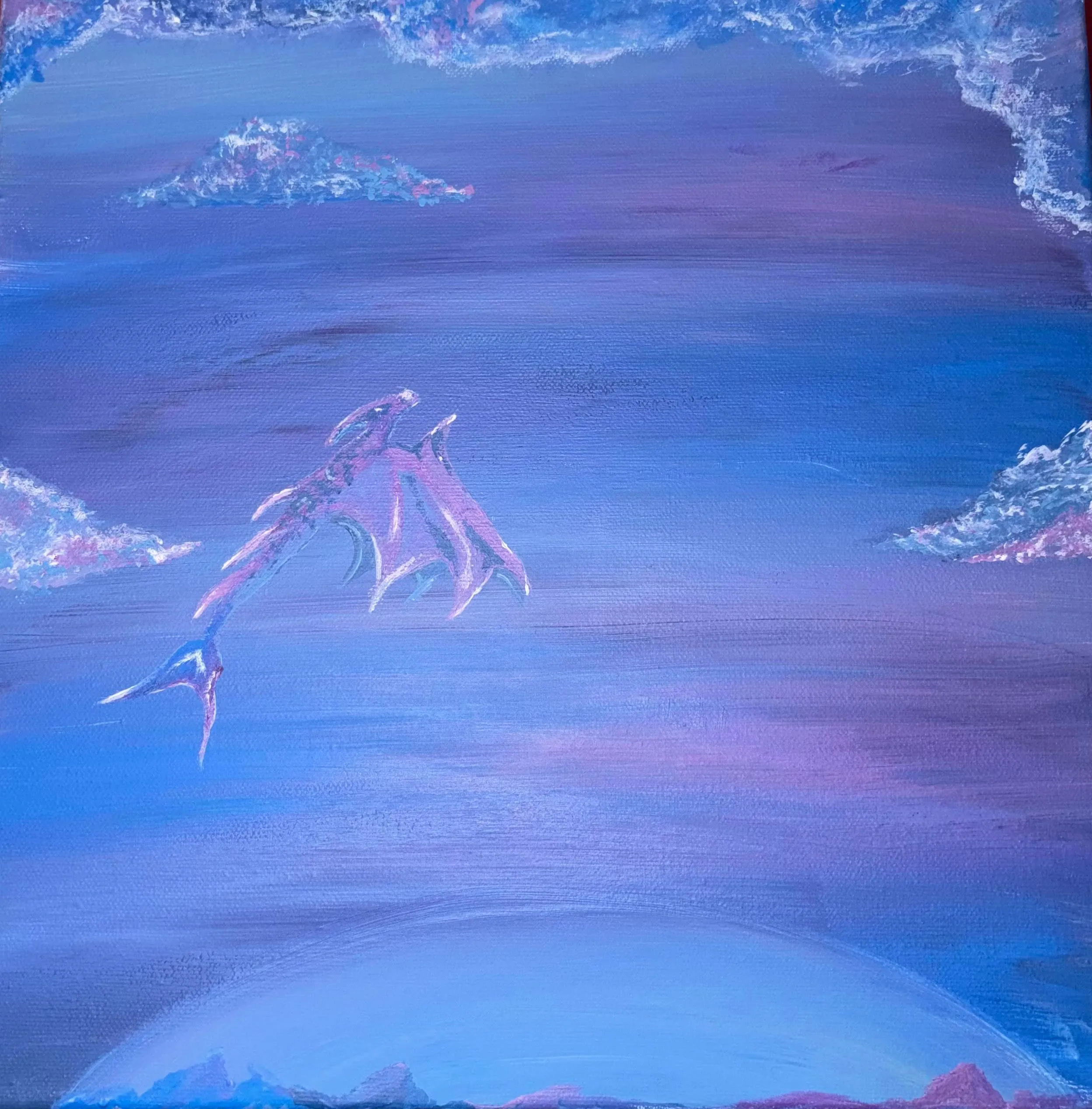 Painting of a rose-colored dragon soaring through a violet twilight sky, between clouds and a pale glowing horizon.