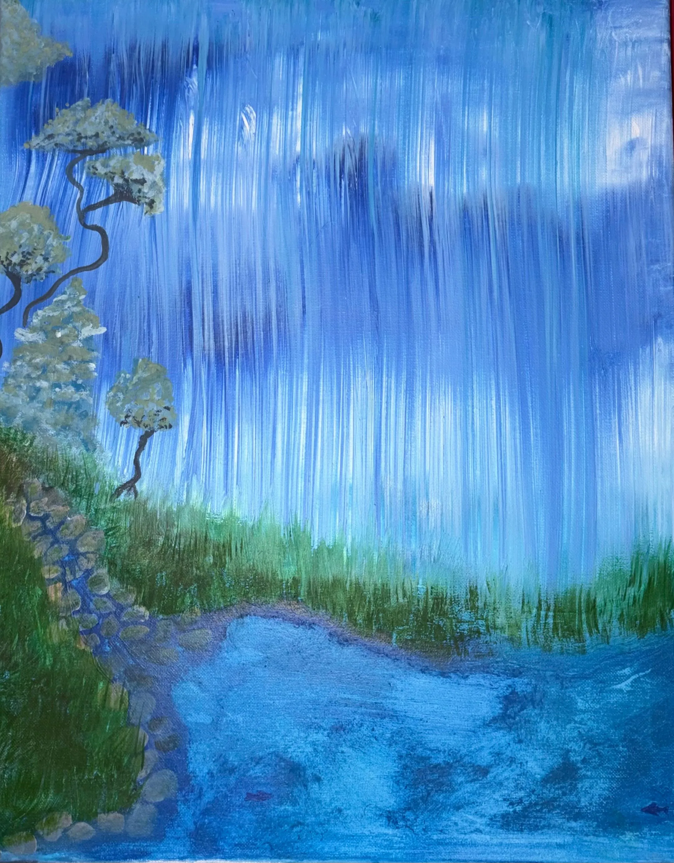 Painting of pale trees on a mossy, stone-lined bank beside still water, under a sky of streaking blue rain.